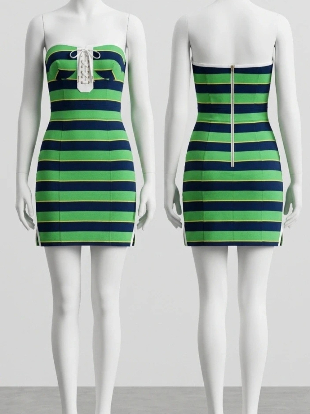 Juicy Couture Y2K Navy & Green Striped Strapless Mini Dress
